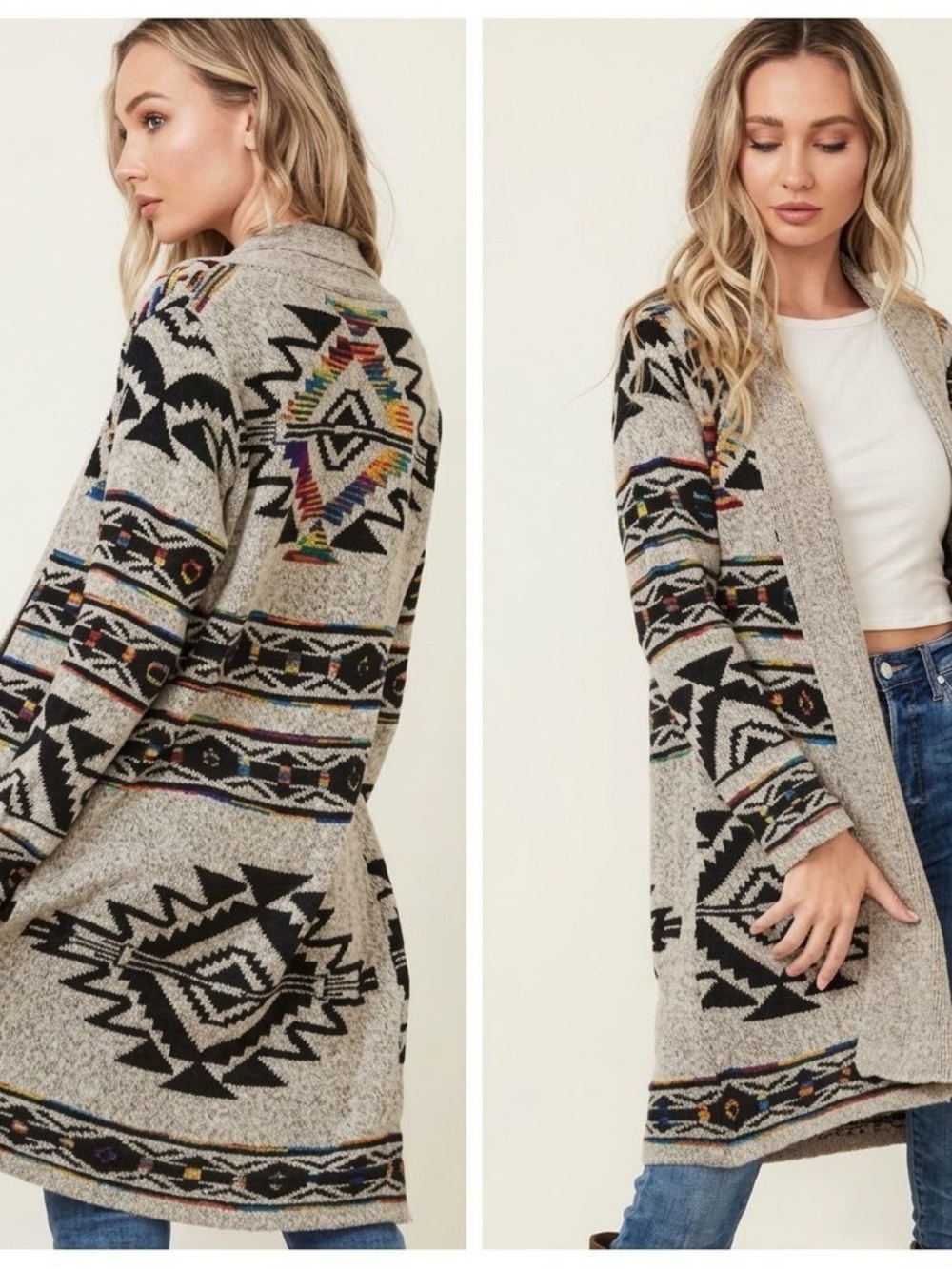 Northern Angel Aztec Southwestern Long Cardigan Sweater Small Cotton Blend Beige